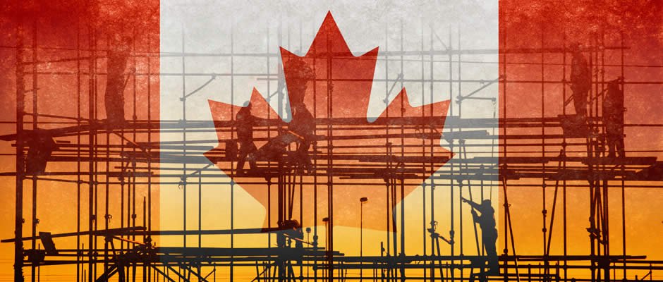 Workers on scaffolding building Canada flag on scaffolding