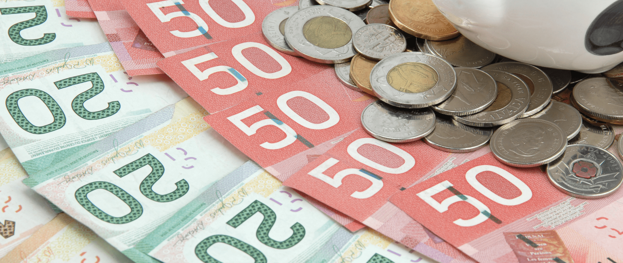 Monnaie canadienne incluant des billets de 20 $ et de 50 $ ainsi qu’une variété de pièces